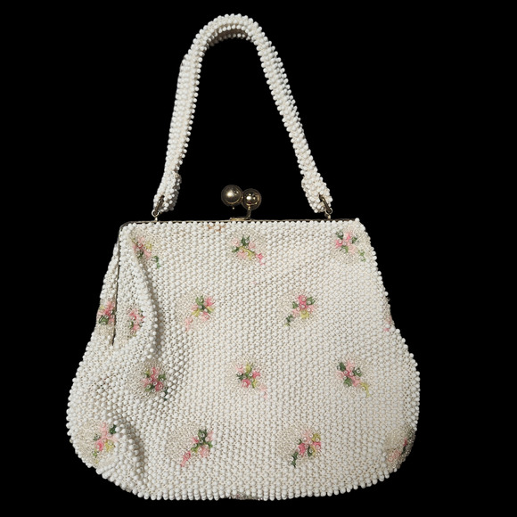 Lumured Corde Handbags - Lumured Corde Petite Beaded Vintage 50s Kiss Lock Bag Purse Ivory Floral